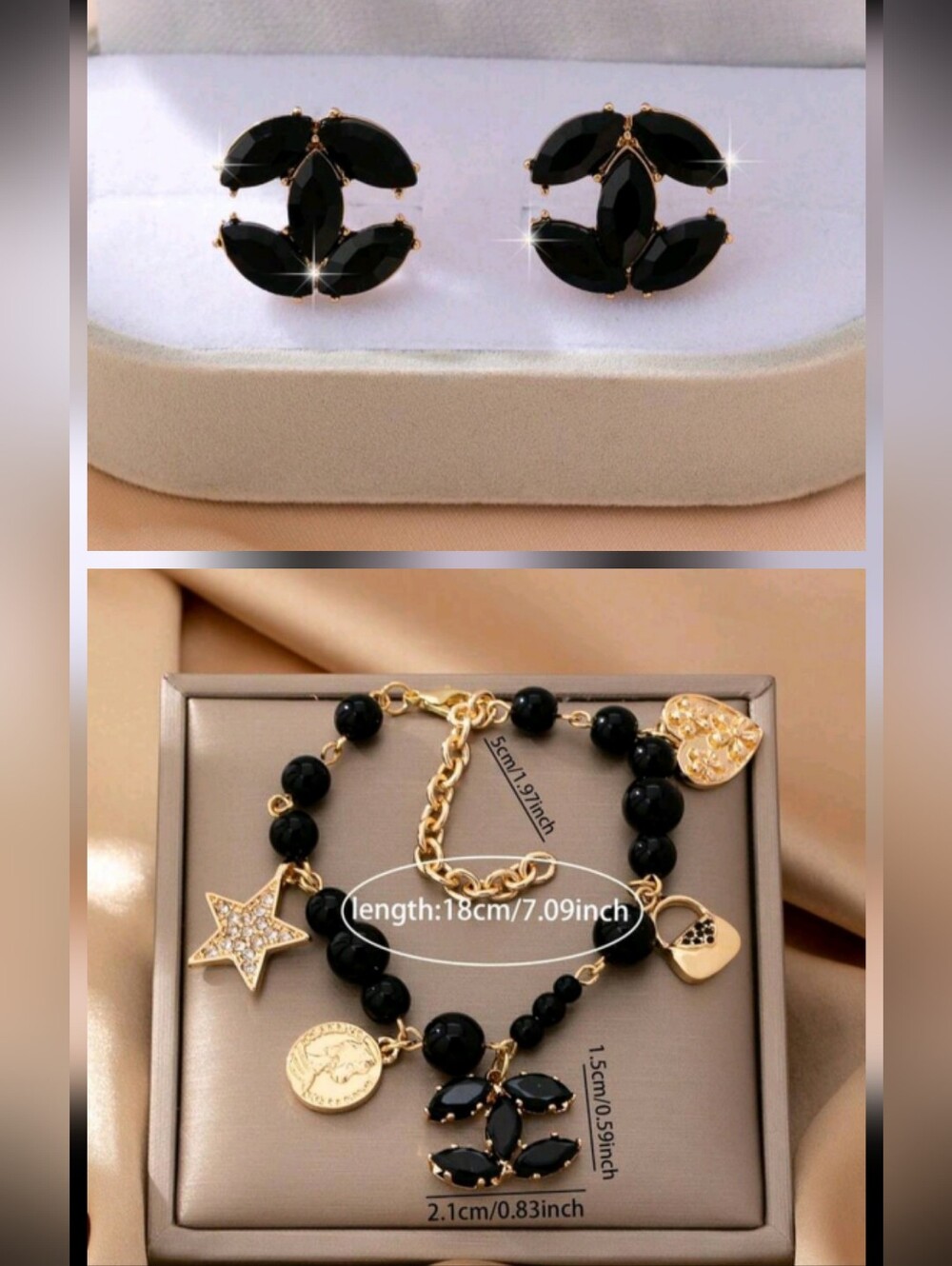 Fashion nspired Black Crystal Stud Earrings and Charm Bracelet Set - Picture 12 of 12